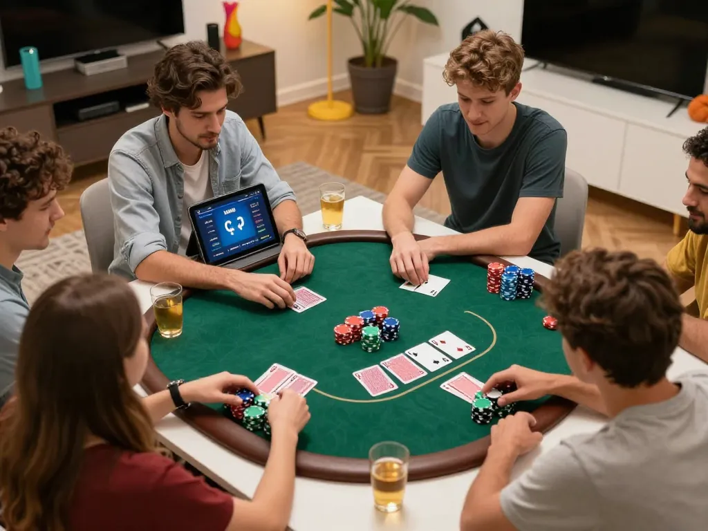 Kwin app facilitates excitement during a thrilling home poker night with friends.