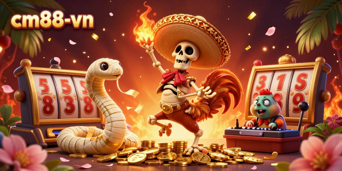 Win big at cm88-vn with vibrant characters dancing joyfully on golden coins and slot reels!