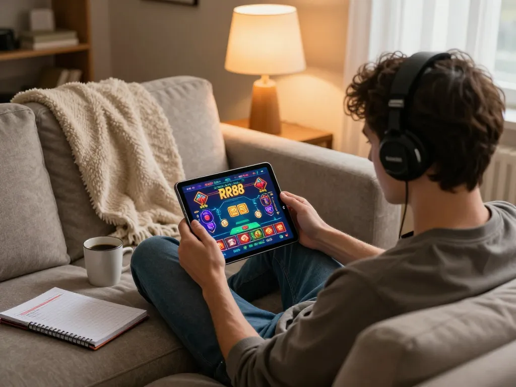Engaging moment of a player exploring the RR88 casino app on a cozy sofa, showcasing modern online gambling