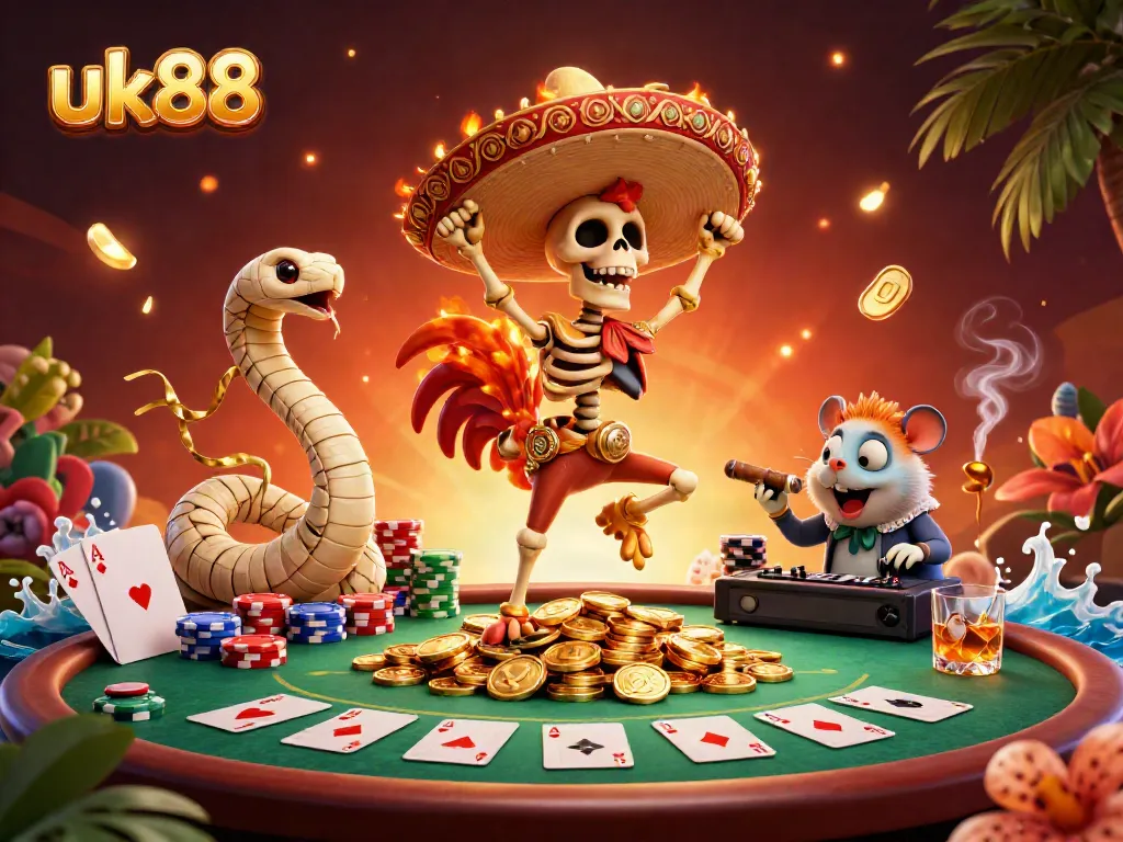 Experience thrilling poker action with a vibrant uk88 casino illustration featuring iconic characters and elements.