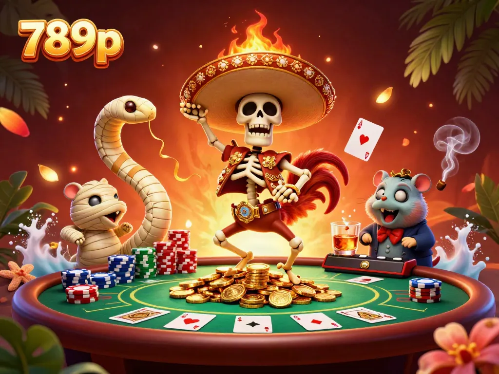 Experience the excitement of 789p with vibrant casino characters celebrating winnings with poker elements.