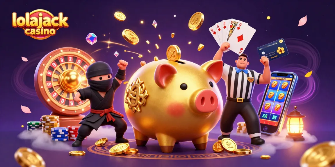 Experience the thrill of lolajack casino with a vibrant 3D scene featuring a golden piggy bank sumo wrestler.