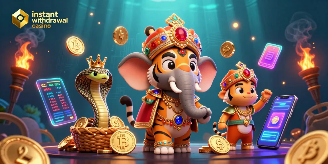 Experience a vibrant instant withdrawal casino scene with 3D cartoon characters and crypto elements.