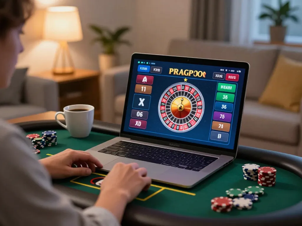 79win player enjoying live dealer roulette in a cozy home setting with warm lighting.