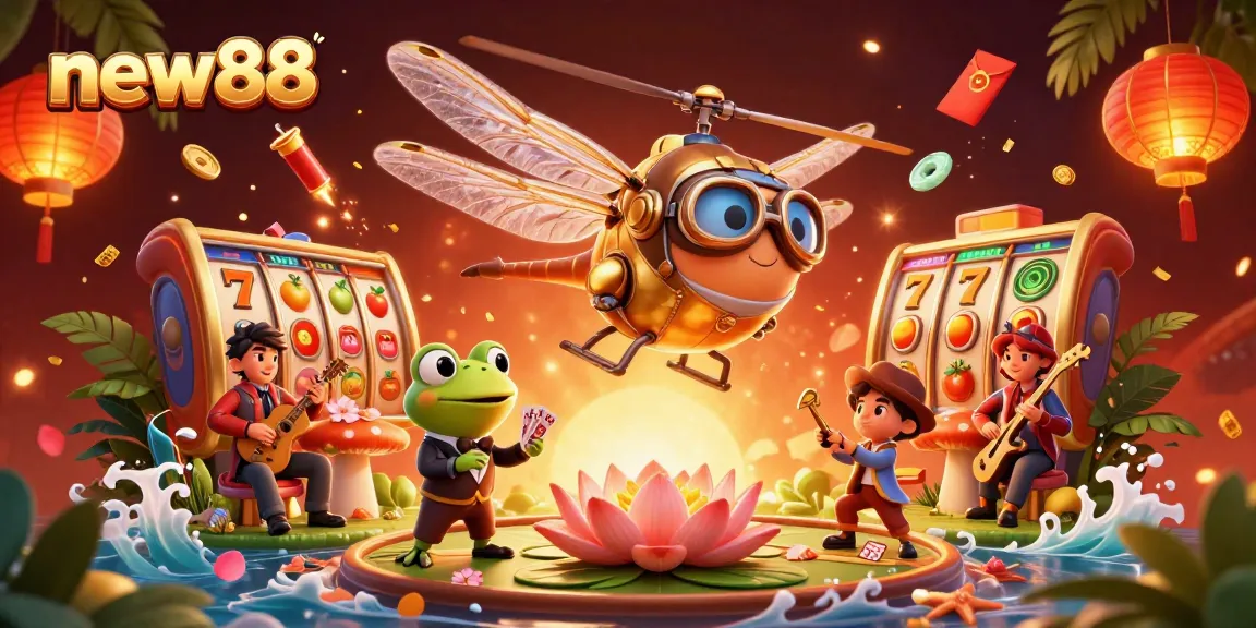 Engage with the vibrant spirit of new88 at an animated lily pad casino with lively characters and slot games featuring stunning visuals.