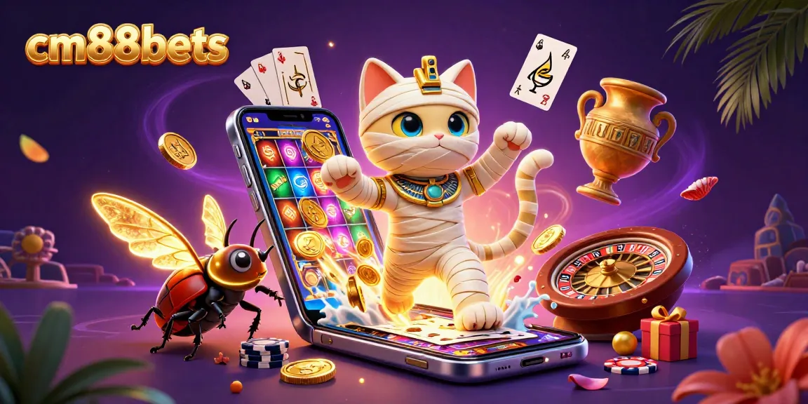 Engage in thrilling gameplay with cm88bets, featuring an Egyptian mummy cat and vibrant gambling elements.