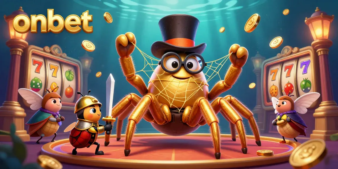Join the excitement at onbet with a vibrant casino scene featuring a giant golden tarantula, a brave knight, and slot reels.