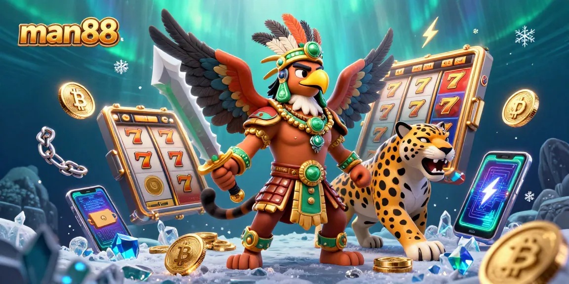 Engage with man88's vibrant slot game scene featuring Aztec warriors and crypto elements.