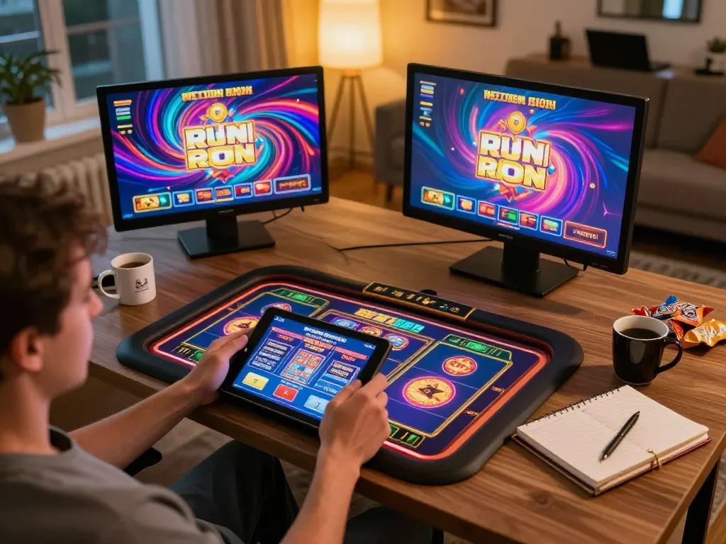 Engaging in online gambling at LLWIN platform with tablet and cozy home setup.