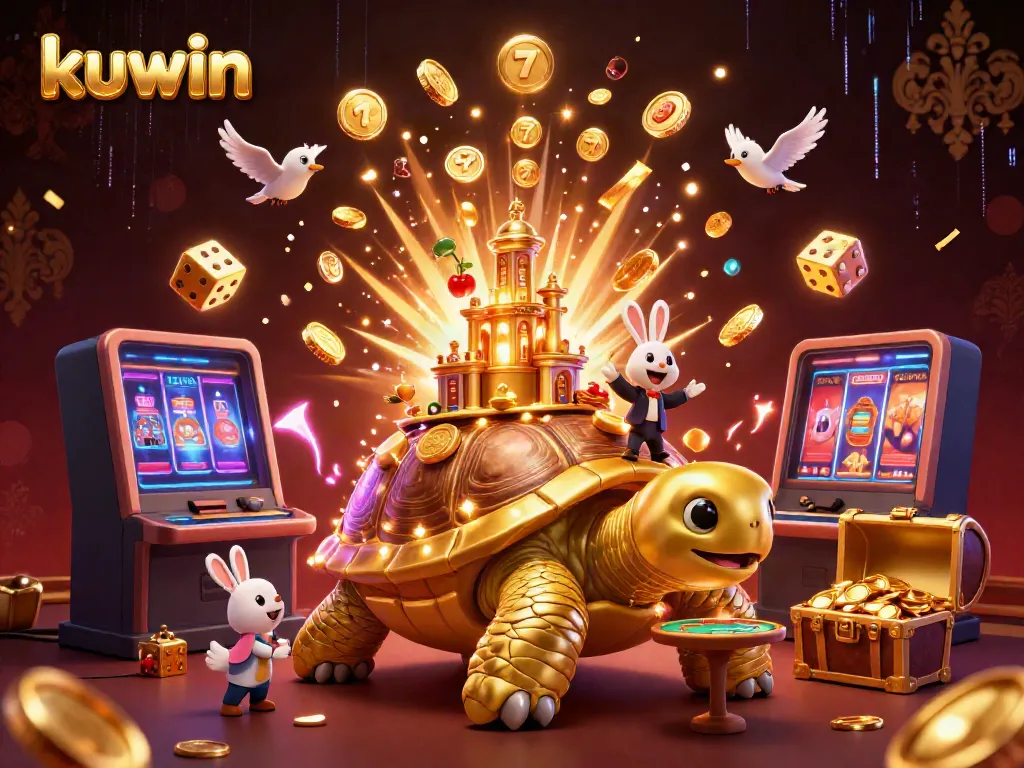 Kuwin offers a vibrant gambling paradise with a golden tortoise holding a casino, rabbit dealer, and golden coins.