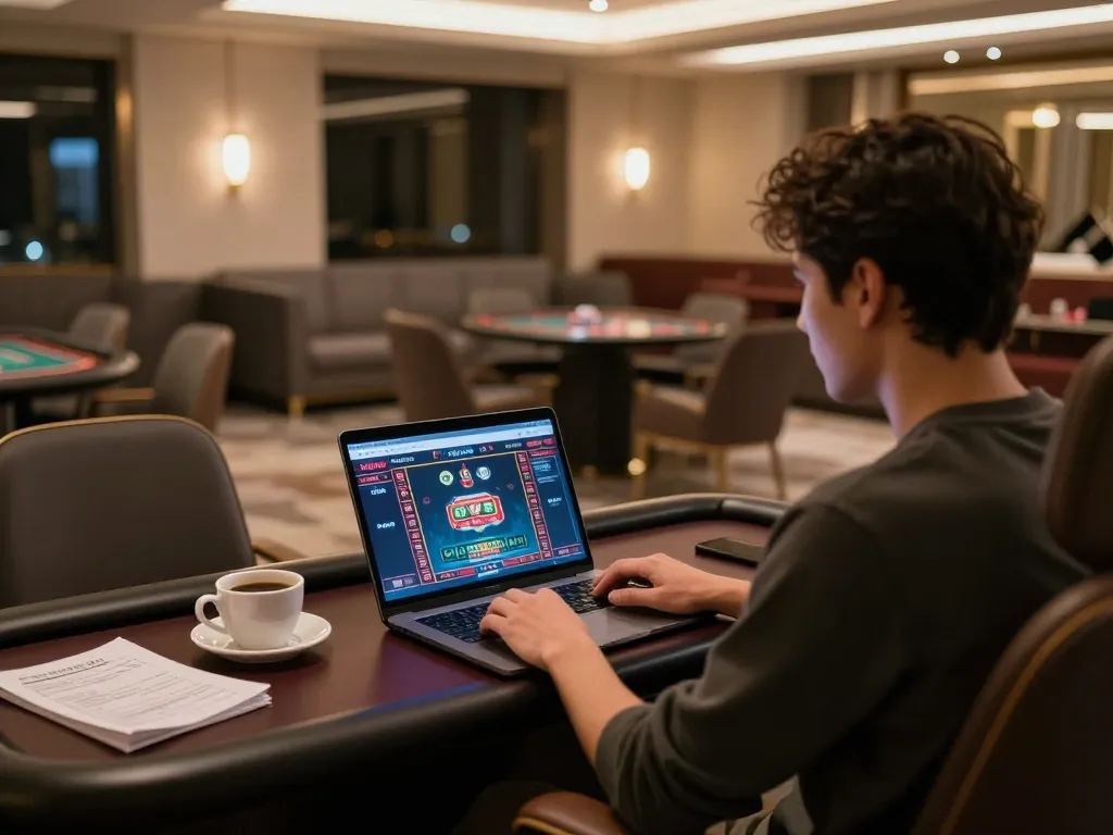 Engaged gambler focuses on rr88 app interface from a cozy gaming setup, showcasing modern online casino atmosphere.