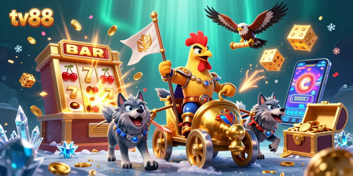 Spin the reels at tv88 with vibrant 3D casino characters and a jackpot explosion, showcasing gaming excitement.