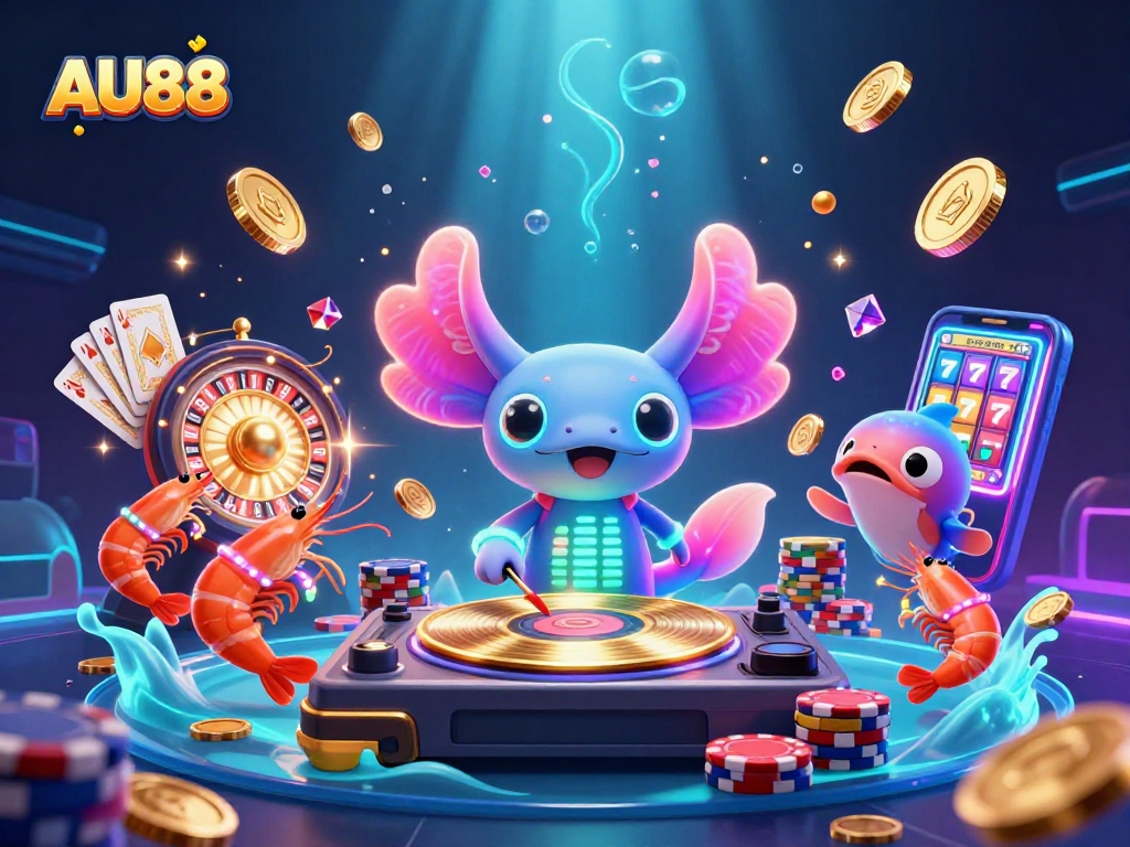 Experience thrill with AU88 as a vibrant DJ sets the underwater casino scene alive with colorful action.