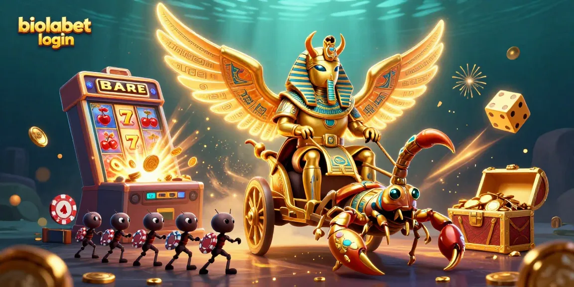 BIOLABET login di ilustrasi kasino 3D yang menampilkan karakter unik dan mesin slot.