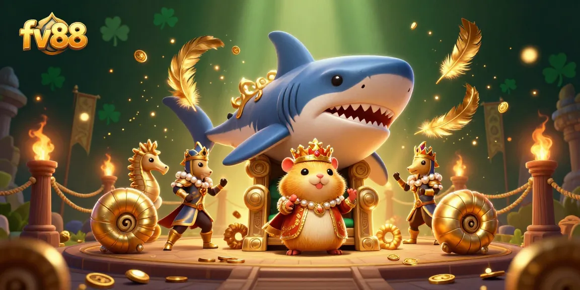 fv88 players winning big at the casino with a creative 3D hamster king and turtle guards scene