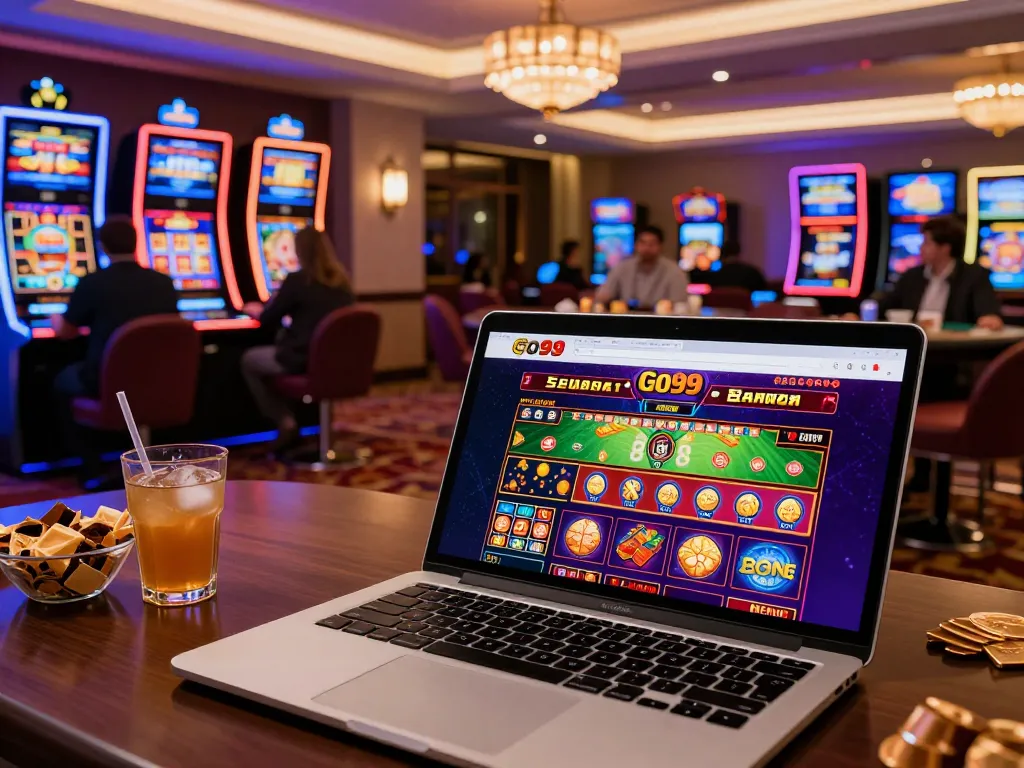 Engaging online gameplay at Go99 casino showcasing vibrant slot machines and poker tables.