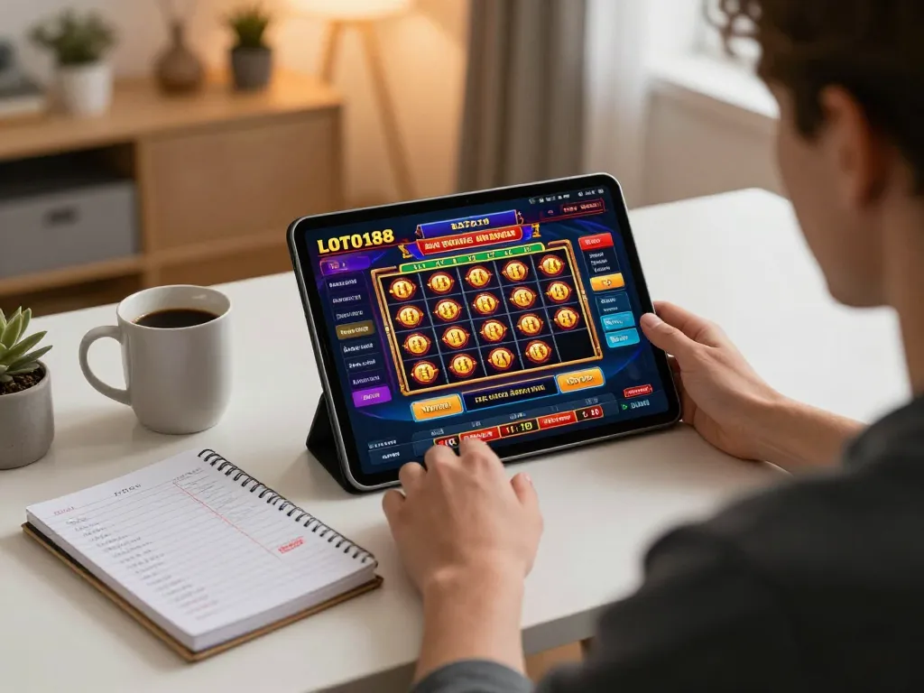 LOTO188 player engaging in online gaming with tablet, showcasing an immersive and inviting home setting.