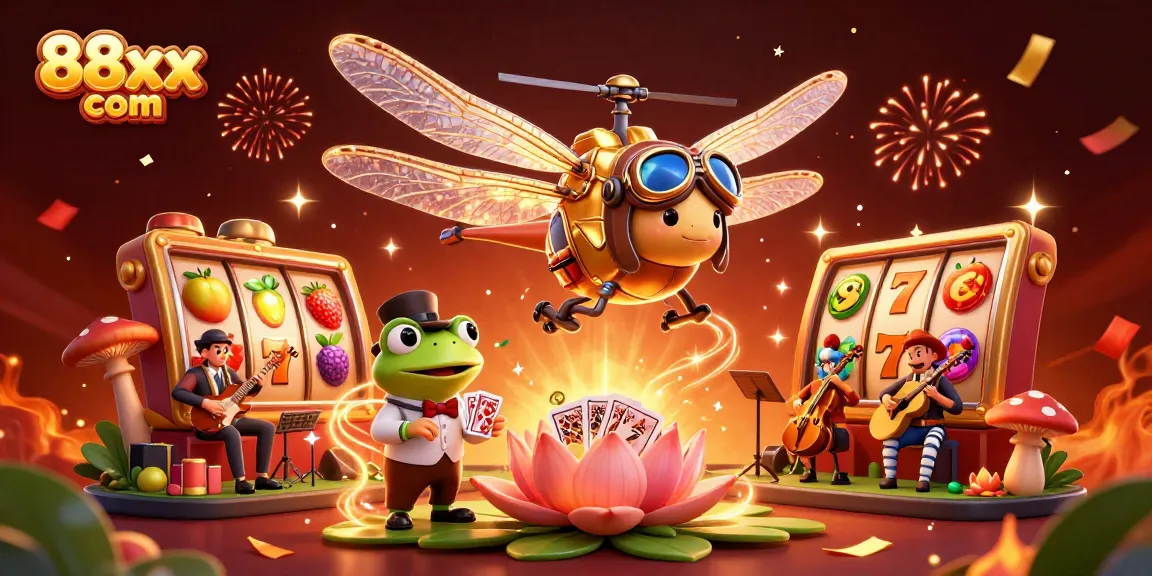 Experience thrilling slots at 88xx com's vibrant lily pad casino with engaging characters.