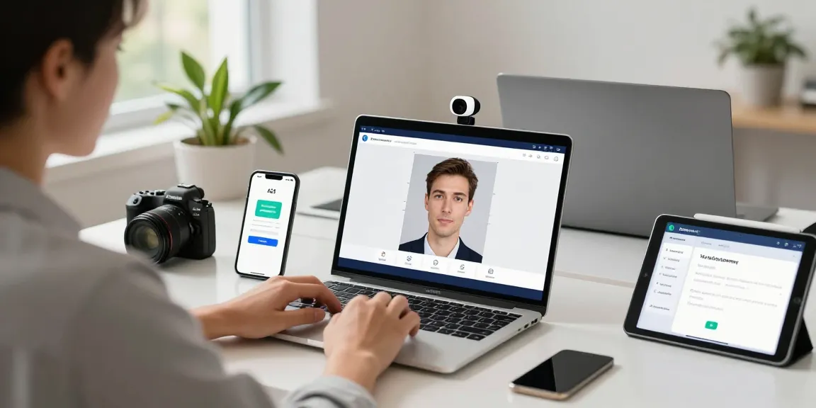 User engaging with an age verification system, showcasing biometric age scanning in a modern office.