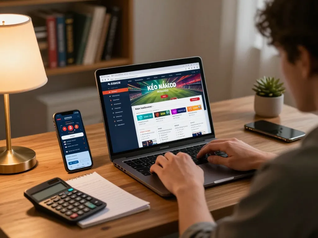 Engaging kèo nhà cái online betting scene showing a person analyzing sports odds on a laptop.