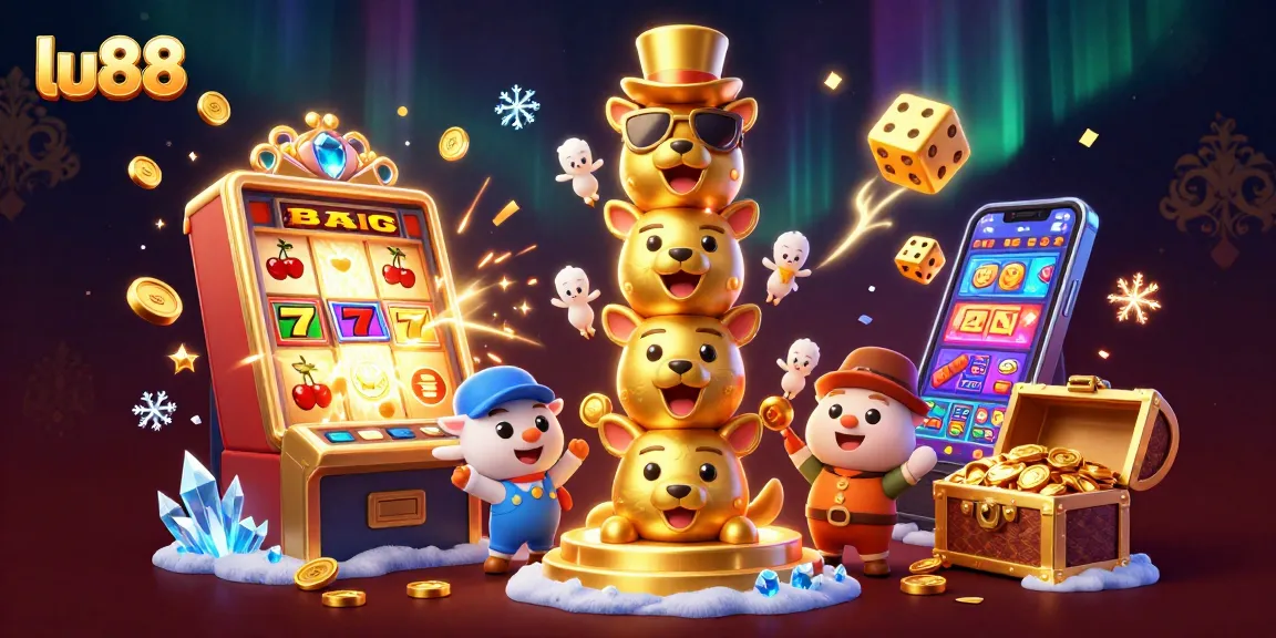 lu88 showcases a dynamic casino scene with a golden totem pole and a jackpot explosion of coins.