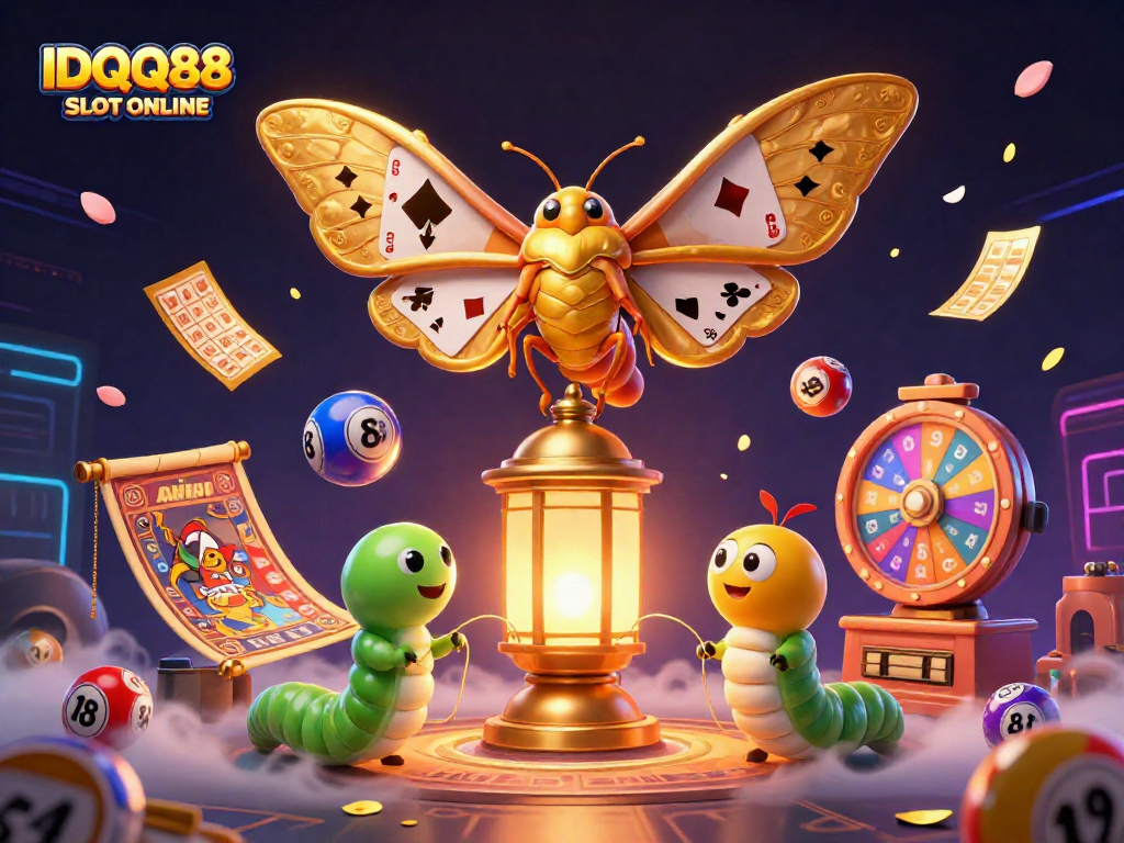 IDQQ88 SLOT ONLINE showcases vibrant 3D casino art featuring dynamic lottery elements and a majestic atlas moth.