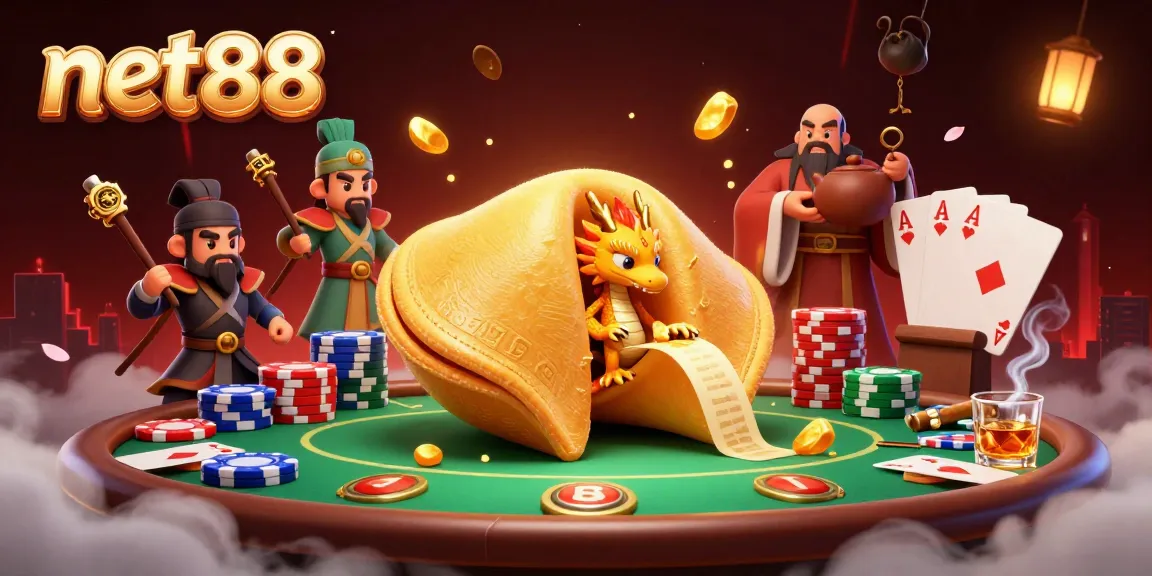Experience net88's vibrant gaming world with dragons, fortune cookies, and poker action.