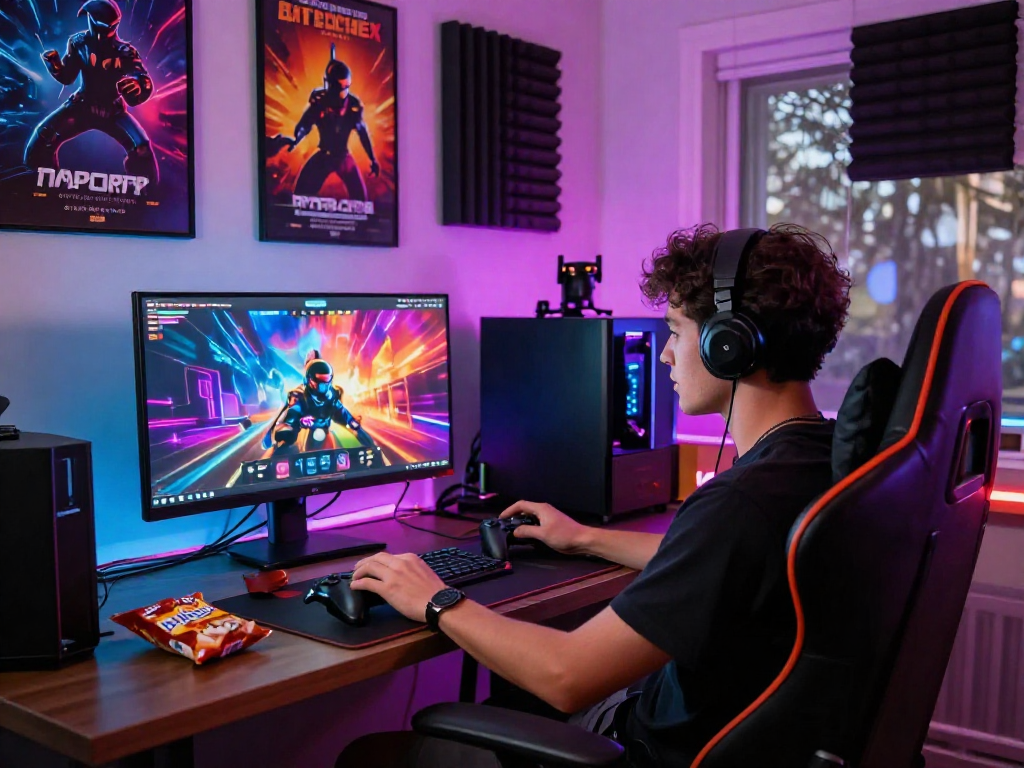 Engaging scene illustrating a person immersed in html sex games on a vibrant display with colorful gaming decor.