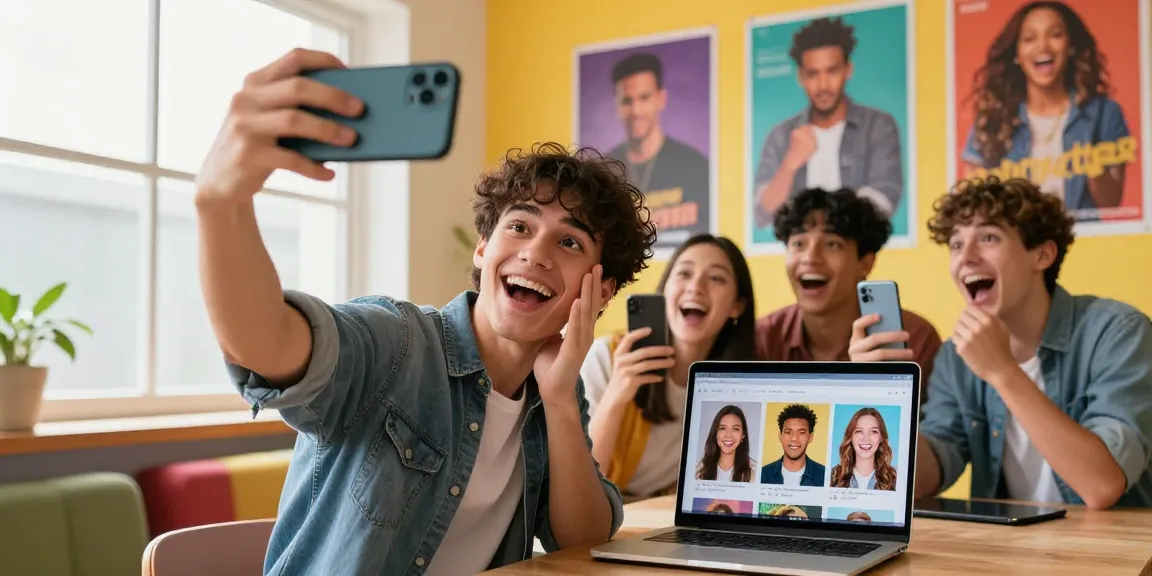 Discover celebs I look like with a selfie, friends engaging with an AI face identifier in a vibrant atmosphere.