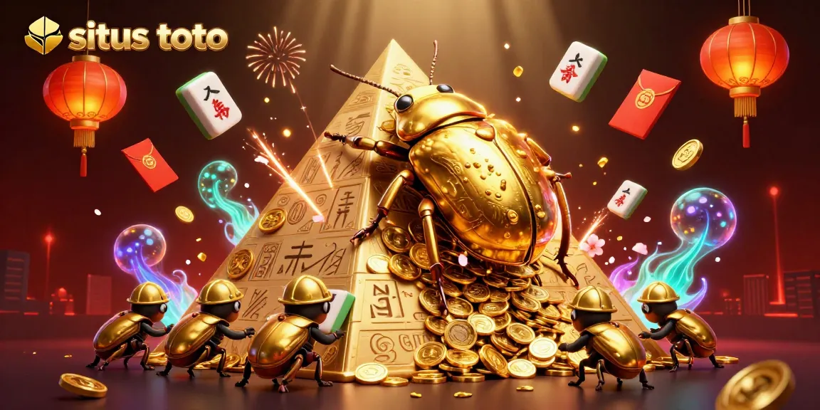 Menang dengan situs toto, ilustrasi 3D keranjang koin emas dan simbol investasi berkilau