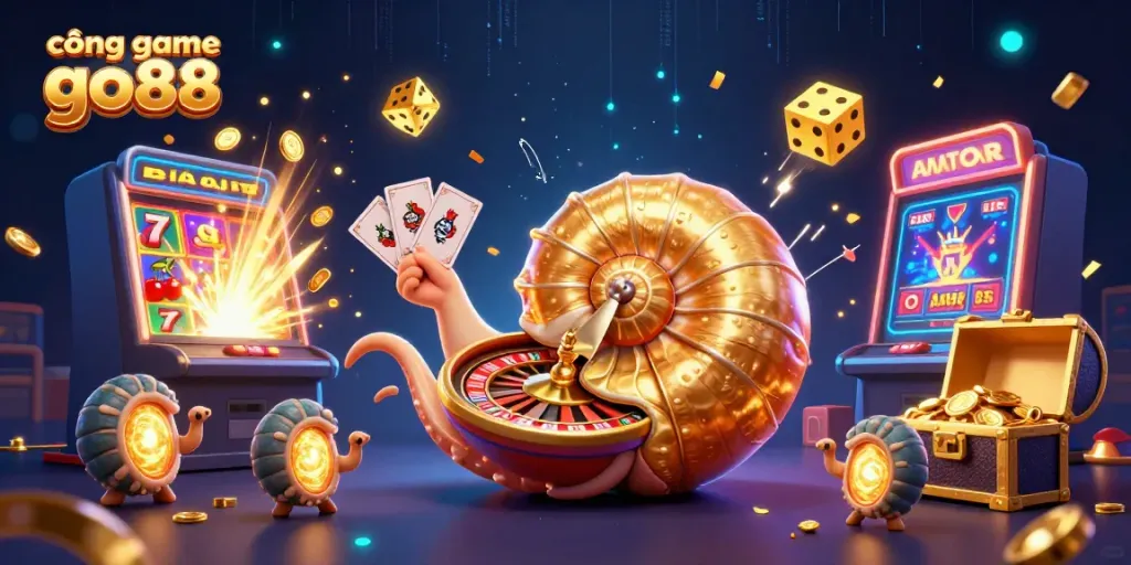 Experience the excitement of cổng game go88 with its vibrant 3D casino scene, highlighting various gaming elements.