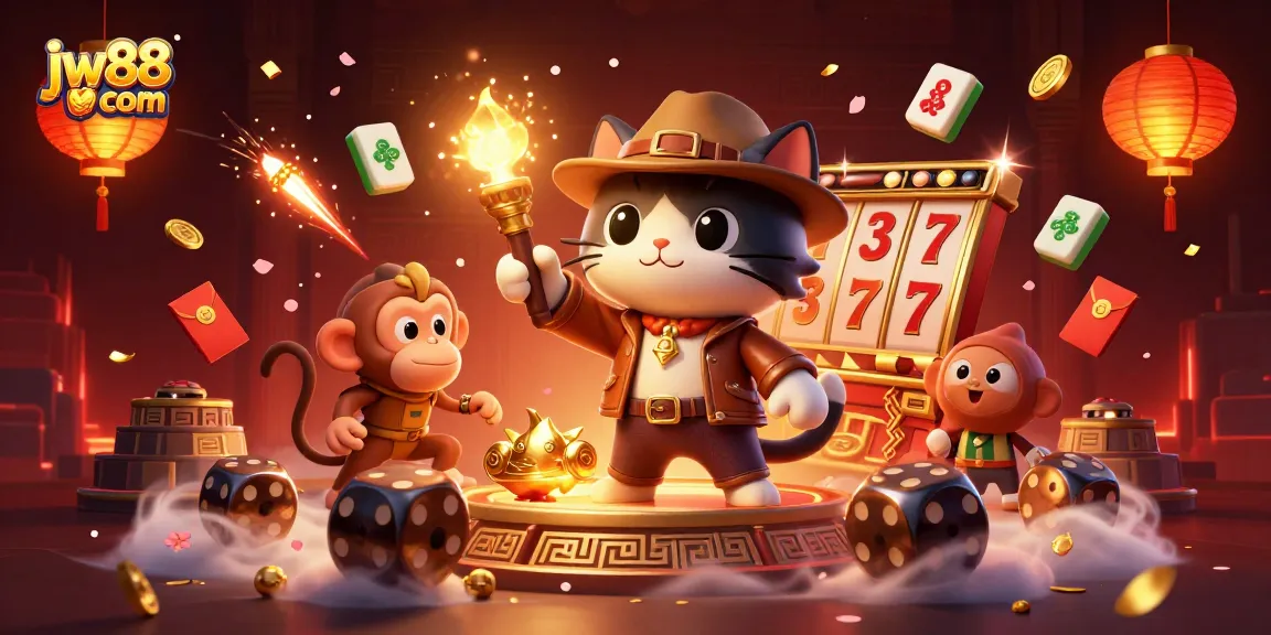 Engage with jw88 com's vibrant slots and casino elements in an adventurous 3D scene.