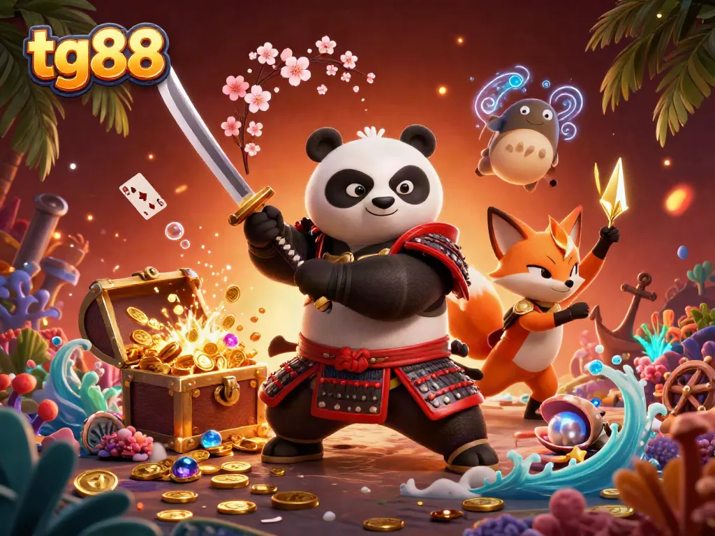 Experience thrilling gaming action with tg88 featuring a vibrant 3D illustration of casino characters and elements.