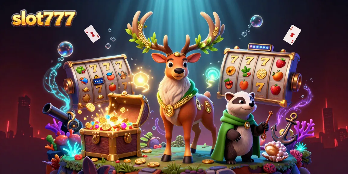 Spin the reels at slot777, featuring a Celtic druid stag and treasures in a lively casino scene.