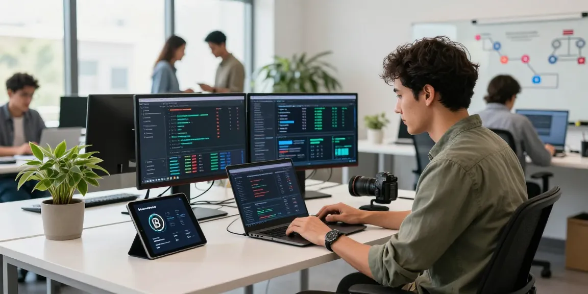 libertyswap developer working in a modern co-working space with screens displaying blockchain transactions and analytics.