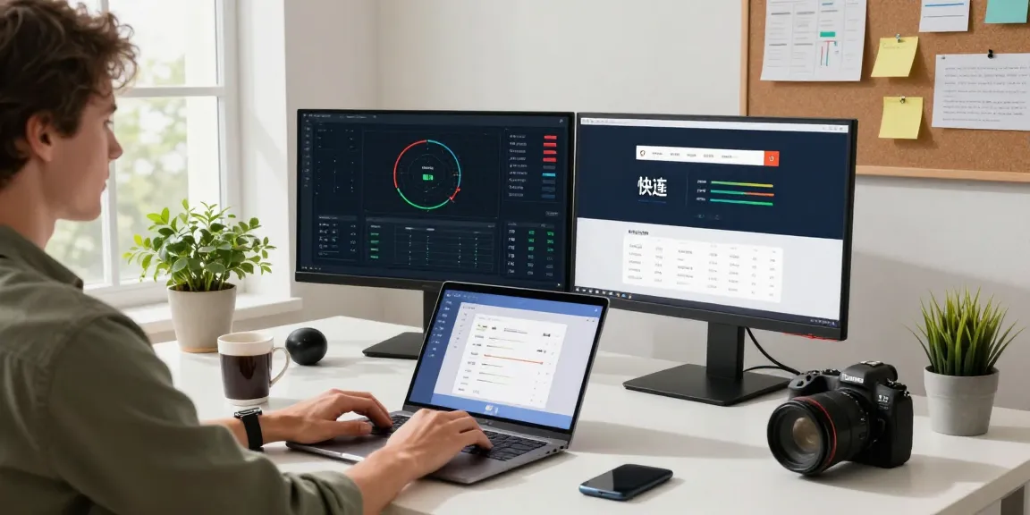 快连介面在現代家庭辦公室的筆記型電腦上顯示，展示用戶友好的科技設置。