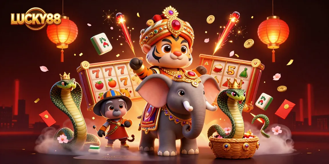 Experience the excitement of LUCKY88 with vibrant slot reels and characters in a festive casino scene.