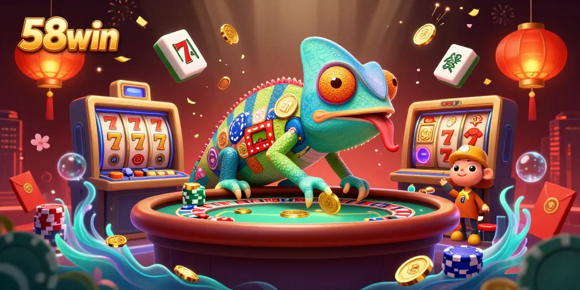 Experience the excitement of 58win with a vibrant casino scene featuring a playful chameleon and diverse gaming elements.