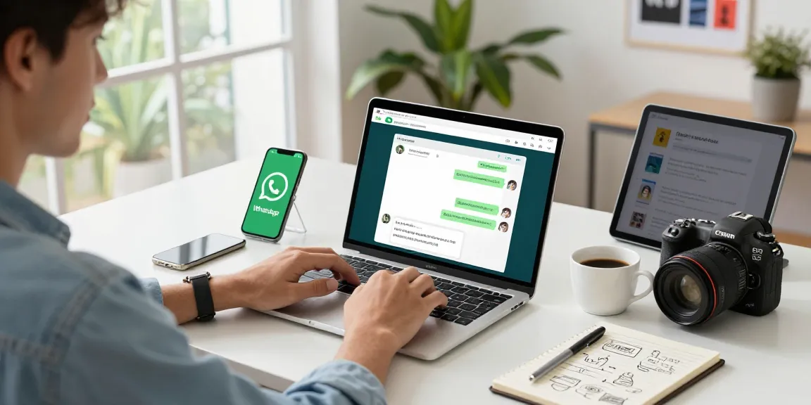 Using WhatsApp網頁版 in a modern home office with laptop, smartphone, and coffee.