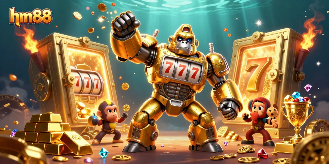 Experience thrilling wins with hm88’s dynamic gaming scene featuring a golden gorilla mech amidst treasures.