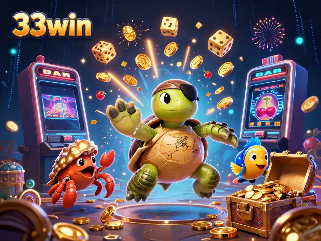 Experience the thrill of winning with 33win's vibrant cartoon casino scene featuring joyful creatures and rich rewards.