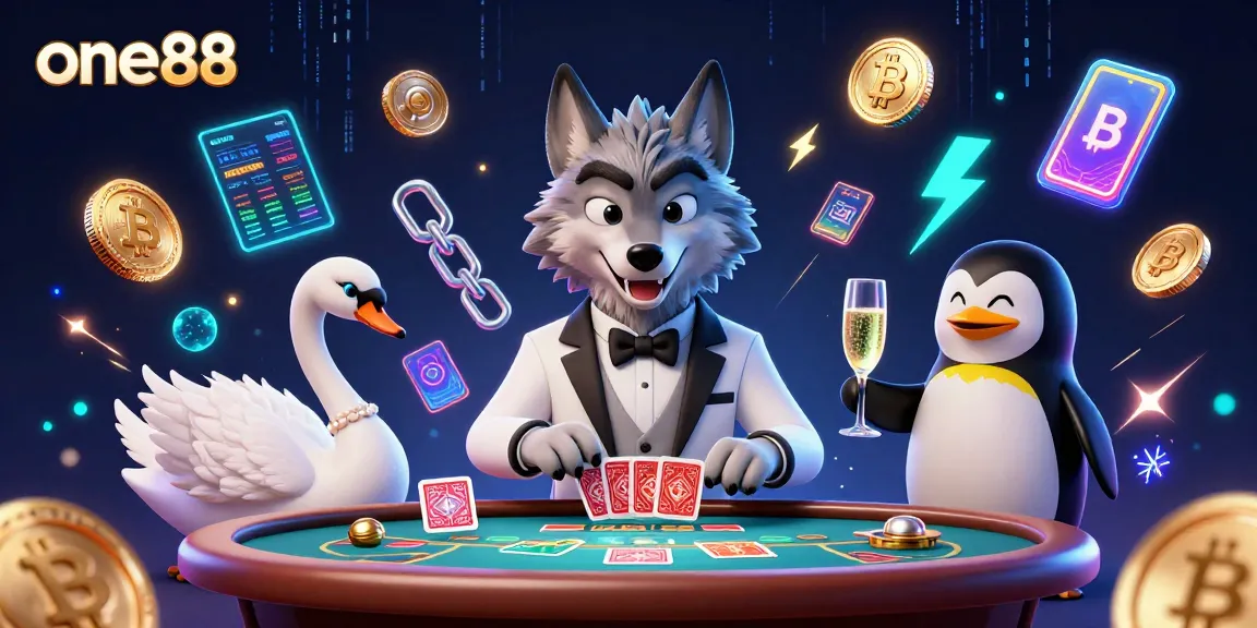 Experience one88's premium baccarat with a debonair wolf, swan dealer, and penguin sommelier.