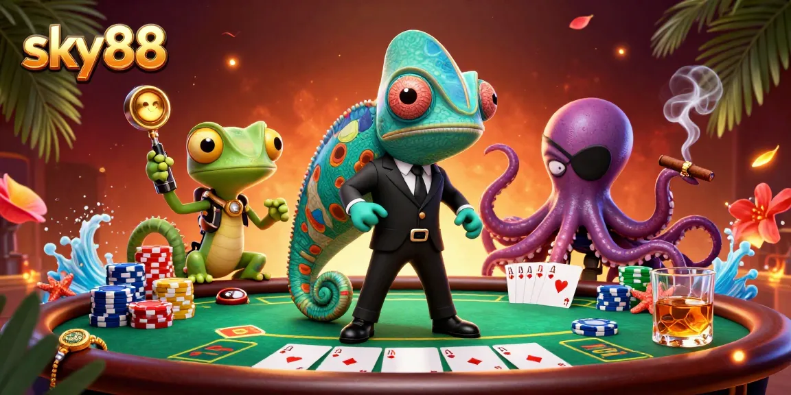 Engage with thrilling poker action at sky88 featuring colorful chips, a vibrant chameleon, and exciting casino elements.