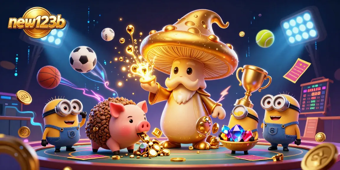 Experience the excitement of winning in the new123b casino with this dynamic illustration of characters and vibrant gambling elements.