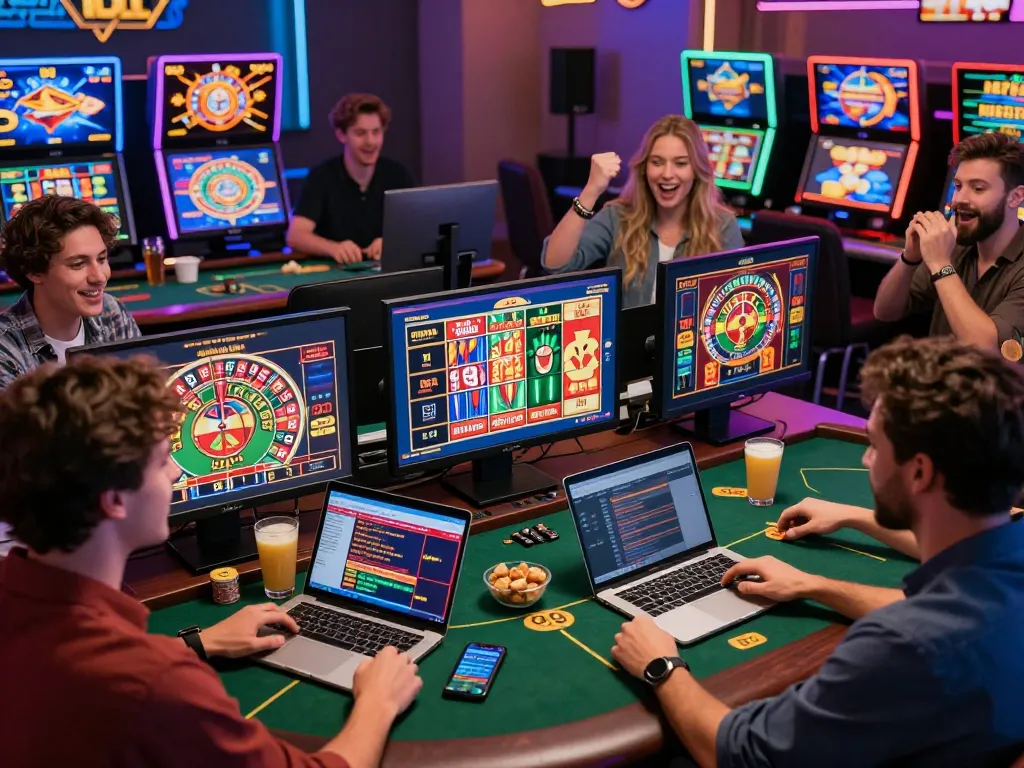 Group of friends enjoying MM88 online casino games with excitement and vibrant atmosphere.