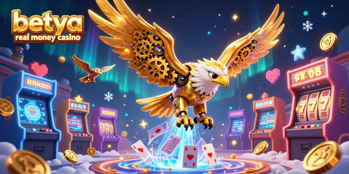 Experience the thrill of betya real money casino with an engaging 3D eagle diving through cards and slot elements.