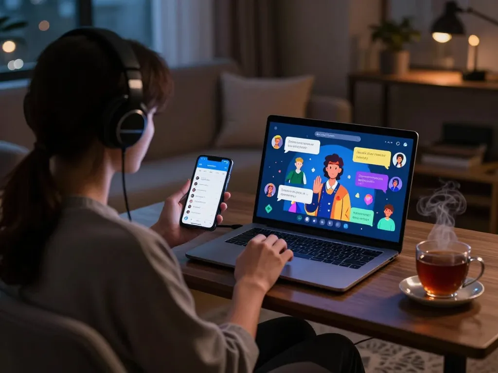 Intimate scene showcasing a user experiencing porn chat AI in a cozy setting, engaging with animated characters.