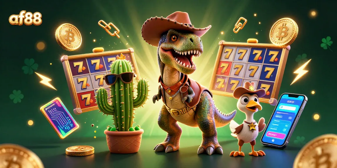 Engage with af88's thrilling slots action illustrated by vibrant T-Rex and companions in a casino scene.