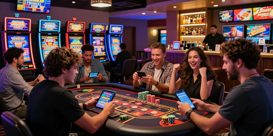 Spieler genießen eine lebhafte Paysafe Card Casino-Atmosphäre und feiern Gewinne an Tischen mit lebhaften Spielautomaten.
