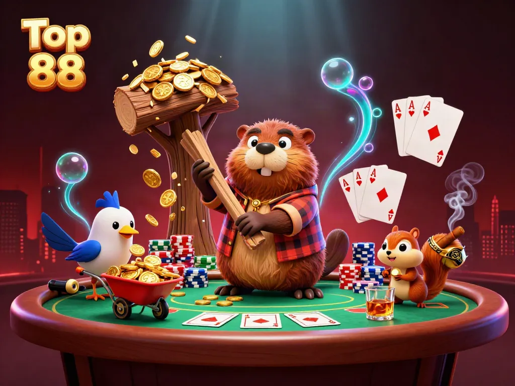 Experience Top 88 excitement with a playful scene featuring a beaver and friends amid golden coins.